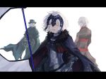  1girl 2boys ^_^ antonio_salieri_(fate) antonio_salieri_(second_ascension)_(fate) armor armored_dress ascot black_cape black_jacket cape chain cloak closed_eyes closed_mouth commentary_request edmond_dantes_(fate) facing_back facing_viewer fate/grand_order fate_(series) fedora flag fur-trimmed_cape fur_trim fuyotan gauntlets green_cloak green_hat grin hair_intakes half_updo hat headpiece highres jacket jeanne_d&#039;arc_alter_(avenger)_(fate) jeanne_d&#039;arc_alter_(fate) letterboxed light_particles looking_back multiple_boys plackart red_ascot red_eyes short_hair simple_background smile standard_bearer wavy_hair white_background white_hair 