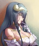  absurdres albedo breasts choker cleavage cottoncandy_(pixiv27093366) eyebrows_visible_through_hair finger_licking gloves grey_hair hair_between_eyes highres horns huge_breasts huge_filesize licking long_hair looking_at_viewer looking_to_the_side open_mouth overlord_(maruyama) solo tongue tongue_out upper_body white_gloves yellow_eyes 