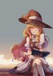  absurdres black_skirt blonde_hair book braid commentary crossed_legs eyebrows_visible_through_hair frilled_hat frills hat highres kirisame_marisa long_hair open_book puffy_sleeves short_sleeves single_braid sitting skirt smile solo touhou vial witch_hat yellow_eyes yoruny 