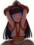 1girl ainu_clothes armpits arms_up backlighting beeru_(veil8801) blue_eyes blunt_bangs blunt_ends blush bow fingerless_gloves flat_chest gloves hair_bow headband highres hime_cut holding holding_knife holding_weapon knife long_hair nakoruru obi open_mouth pants red_bow red_headband samurai_spirits sash simple_background solo weapon white_background 