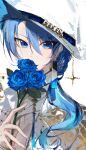  1girl absurdres blue_eyes blue_flower blue_hair blue_rose coat earrings fedora flower hair_between_eyes hair_over_shoulder hat hat_chain highres holding holding_flower hololive hoshimachi_suisei hoshimachi_suisei_(8th_costume) jewelry long_hair long_sleeves looking_at_viewer official_alternate_costume rose solo star_(symbol) virgo76612871 virtual_youtuber white_hat 