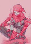  1boy animal_on_hand apex_legends bandana black_sclera chinese_commentary classic_revenant colored_sclera danieldanlllll glitch heart highres humanoid_robot looking_down orange_eyes pink_background red_bandana red_scarf revenant_(apex_legends) robot scarf simulacrum_(titanfall) sitting solo 