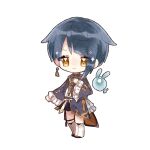  1boy black_shorts blue_coat blue_hair boots chibi closed_mouth coat commentary_request diagonal_bangs earrings frilled_sleeves frills full_body genshin_impact gold_trim hand_up highres jewelry long_sleeves looking_at_viewer male_focus nekorune_(bukubuku_awai) parted_bangs seelie_(genshin_impact) short_hair short_shorts shorts sidelocks simple_background single_earring smile solo sparkle standing tassel tassel_earrings vision_(genshin_impact) white_background white_footwear wide_sleeves xingqiu_(genshin_impact) yellow_eyes 