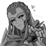  1girl android animification apex_legends ash_(titanfall_2) cable_hair chinese_commentary cracked_skin greyscale heart highres hood hood_down looking_at_viewer mo_yu_youhai_jiankang monochrome portrait simple_background simulacrum_(titanfall) smile solo twitter_username white_background 