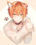  1boy animal_ear_fluff animal_ears black_choker blonde_hair blush brown_background choker closed_mouth commentary_request cropped_torso dog_ears ear_piercing fang fang_out hair_between_eyes jacket jewelry kemonomimi_mode kuroi_(liar-player) long_sleeves looking_at_viewer male_focus multicolored_hair open_clothes open_jacket orange_hair piercing project_sekai ring shinonome_akito sleeves_past_wrists solo streaked_hair sweat twitter_username two-tone_background upper_body white_jacket yellow_eyes 