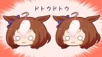  2girls :3 animal_ears blush_stickers brown_hair chibi clone closed_mouth gomashio_(goma_feet) hair_between_eyes hairband head_only horse_ears meisho_doto_(umamusume) multicolored_hair multiple_girls o_o pink_hairband red_background translation_request two-tone_hair umamusume v-shaped_eyebrows white_hair 