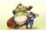 2024 anthro belly big_belly big_breasts big_moobs biglovealicia breasts claws clothed clothing digitigrade duo female finger_claws fully_clothed fur generation_4_pokemon hi_res huge_belly long_tail lucario male mammal moobs morbidly_obese morbidly_obese_male nintendo obese obese_male open_mouth overweight overweight_male pokemon pokemon_(species) procyonid raccoon signature simple_background smile tail thick_thighs toe_claws walking