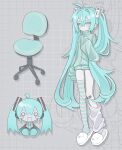  1girl am314 aqua_eyes aqua_hair bandaid chair hatsune_miku highres long_hair loungewear office_chair simple_background slippers solo striped_clothes striped_thighhighs stuffed_toy swivel_chair thighhighs track_suit twintails very_long_hair vocaloid 