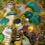  animal animal_focus artist_name bird commander-salamander commentary english_commentary forest grey_warbler highres kaka_(bird) kereru kingfisher nature new_zealand new_zealand_fantail new_zealand_pipit no_humans original painting_(medium) realistic sacred_kingfisher shining_cuckoo silvereye_(bird) tomtit_(bird) traditional_media tui_(bird) 