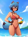 anthro ball beach_ball bikini blue_body blue_eyes blue_hair brand_new_animal breasts brown_body brown_fur canid canine canis cleavage clothed clothing detailed_background digital_media_(artwork) female fur hair hi_res inflatable kainleaf mammal michiru_kagemori navel netflix open_mouth outside partially_submerged raccoon_dog seaside side-tie_bikini side-tie_clothing side-tie_swimwear sky solo standing_in_water string_bikini studio_trigger swimwear tail tanuki water