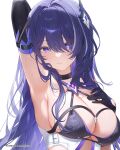  1girl acheron_(honkai:_star_rail) arm_behind_head armpits black_bra black_choker black_gloves bra breasts choker cleavage closed_mouth elbow_gloves gem gloves hair_between_eyes hair_ornament hand_on_own_chest highres honkai:_star_rail honkai_(series) large_breasts long_hair looking_at_viewer machi_(7769) purple_eyes purple_gemstone purple_hair sideboob sidelocks strap sweat underwear upper_body white_background zipper 