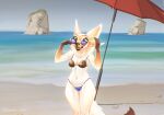 2024 4_ears anthro beach bikini bikini_bottom bikini_top blue_eyes breasts canid canine clothed clothing day discreet_user eyewear female fingers fox front_view fur fyre_fox glasses glowing glowing_body glowing_fur inner_ear_fluff mammal multi_ear mylar_(discreet_user) navel open_mouth outside parasol sand solo standing swimwear tail teeth tuft water yellow_body yellow_fur