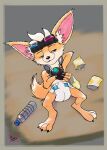absurd_res anthro big_ears bottle canid canine chip_(mlbb) claws clothed clothing container diaper digitigrade extry eyewear fennec_fox fingerless_gloves fox gloves goggles handwear hi_res lying male mammal on_back paws snacks solo true_fox water_bottle wearing_diaper