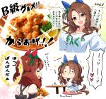  2girls absurdres animal_ears bow brown_hair desk ear_bow ear_covers eating fang food fried_chicken fruit hair_between_eyes happy highres holding holding_plate horse_ears horse_girl horse_tail king_halo_(umamusume) lemon low_twintails multiple_girls neko_senshi nice_nature_(umamusume) plate red_eyes shirt skill skin_fang smile tail twintails umamusume upper_body white_shirt 