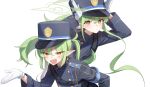  2girls :&lt; :d absurdres aiguillette blue_archive blush buttons double-breasted earrings fang floating_hair gloves green_hair halo hands_up hat highlander_sidelocks_conductor_(blue_archive) highlander_twintails_conductor_(blue_archive) highres jewelry long_hair looking_at_viewer military_hat multiple_girls nonoa pointy_ears shoulder_boards sidelocks simple_background skin_fang smile strap white_background white_gloves 
