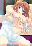  absurdres amazuyu_tatsuki ass_visible_through_thighs blue_eyes breasts brown_hair cleavage eyebrows_visible_through_hair floating_hair frilled_negligee hair_between_eyes highres holding indoors kneeling komaki_manaka leaning_to_the_side lingerie medium_breasts negligee open_mouth short_hair solo to_heart to_heart_2 underwear white_negligee 
