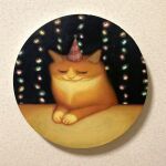  animal animal_focus cat closed_mouth commentary hat highres karin_hosono no_humans orange_cat original painting_(medium) party_hat photo_(medium) realistic solo traditional_media upper_body 