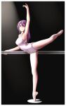  1girl absurdres alice_gear_aegis athletic_leotard ballet_slippers barre blush breasts en_pointe full_body highres leotard long_hair looking_at_viewer medium_breasts mutsumura_ryuuichi nikotama_mai pantyhose parted_lips purple_eyes purple_hair solo standing standing_on_one_leg white_leotard white_pantyhose 