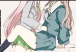  2girls arm_support art_program_in_frame bang_dream! bang_dream!_it&#039;s_mygo!!!!! between_legs blue_shirt blue_skirt brown_hair chihaya_anon chinese_commentary commentary_request green_necktie green_skirt grey_background grey_jacket grey_neckerchief hand_under_clothes hand_under_shirt haneoka_school_uniform highres jacket long_hair multiple_girls nagasaki_soyo neckerchief necktie pann_(1202zzzx00) pink_hair sailor_collar school_uniform serafuku shirt simple_background skirt tsukinomori_school_uniform white_sailor_collar yuri 