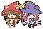  :&lt; :d animal_ears asymmetrical_legwear bangs bear_ears blue_hat blush_stickers bow brown_dress brown_footwear brown_hair chibi closed_mouth commentary_request dress dumpty_alma emil_chronicle_online eyebrows_visible_through_hair fork grey_eyes hair_between_eyes hair_bow hair_ribbon hat holding holding_fork holding_wand juliet_sleeves long_hair long_sleeves looking_at_viewer multiple_girls open_mouth oversized_object pink_dress pom_pom_(clothes) puffy_sleeves purple_eyes purple_footwear purple_hair purple_ribbon red_hat red_ribbon ribbon rinechun simple_background sleeves_past_fingers sleeves_past_wrists smile standing standing_on_one_leg star striped striped_legwear thighhighs tiny_alma very_long_hair wand white_background white_bow white_ribbon wide_sleeves 