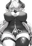  1girl absurdres akano_yomi blush breasts cleavage clothing_cutout covered_nipples draph gloves granblue_fantasy greyscale hair_ornament hair_over_one_eye highres horns interlocked_fingers large_breasts long_hair looking_at_viewer mask monochrome mouth_mask narmaya_(granblue_fantasy) panties pointy_ears simple_background solo tears thick_thighs thigh_strap thighhighs thighs underwear very_long_hair white_background 
