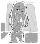  absurdres angelica_(k3lly) artist_name bangs blush blush_stickers curtains eyebrows_visible_through_hair greyscale head_tilt highres k3lly long_hair looking_at_viewer monochrome noobember one_eye_closed original pajamas solo standing tired yawning 