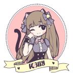  angelica_(k3lly) animal_ears arm_at_side artist_name bangs bell black_bow black_eyes blush blush_stickers bow bowtie breasts brown_hair cat_ears cat_tail closed_mouth eyebrows_visible_through_hair grey_shirt hair_bell hair_bow hair_ornament head_tilt heart highres k3lly kemonomimi_mode long_hair one_eye_closed original puffy_short_sleeves puffy_sleeves ribbon shirt short_sleeves small_breasts smile solo striped striped_bow striped_neckwear tail tail_raised watermark web_address wrist_cuffs yellow_ribbon 