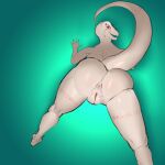 anthro anus ass_up bent_over big_butt butt crusch_lulu female genitals greisoul hi_res lizardman looking_at_viewer looking_back overlord_(series) presenting presenting_anus presenting_hindquarters presenting_pussy pussy red_eyes reptile scalie simple_background smile solo white_body