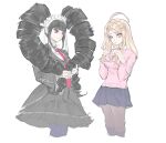  2girls absurdres ahoge akamatsu_kaede black_hair black_jacket black_skirt blunt_bangs brown_pantyhose celestia_ludenberg collared_shirt cropped_legs danganronpa:_trigger_happy_havoc danganronpa_(series) danganronpa_v3:_killing_harmony drill_hair gusu23129 hair_ornament highres holding holding_hair jacket layered_skirt long_hair long_sleeves miniskirt multiple_girls musical_note musical_note_hair_ornament necktie orange_necktie pantyhose pink_eyes pleated_skirt red_necktie shirt simple_background skirt sweater twin_drills twintails white_background white_shirt 