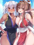  2girls arm_guards bare_shoulders blush breasts brown_eyes brown_hair cleavage cosplay dark-skinned_female dark_skin dated day embarrassed fatal_fury folded_fan folding_fan hair_between_eyes hand_fan high_ponytail highres holding holding_fan japanese_clothes kantai_collection large_breasts long_hair looking_at_viewer mashiro_yukiya multiple_girls musashi_(kancolle) ninja outdoors pelvic_curtain pointy_hair ponytail red_eyes revealing_clothes rope shiranui_mai shiranui_mai_(cosplay) sideboob signature smile the_king_of_fighters twintails two_side_up yamato_(kancolle) 