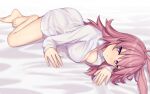  1girl blush breasts elfenlied22 fate/grand_order fate_(series) feet head_wings large_breasts looking_at_viewer lying pink_hair pink_wings red_eyes shirt thrud_(fate) valkyrie_(fate) white_background white_shirt wings 