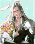  1boy :3 animal_ears armor bouquet chest_strap final_fantasy final_fantasy_vii final_fantasy_vii_remake flower grey_hair heart highres holding holding_bouquet holding_flower long_bangs long_hair long_sleeves male_focus negi_(fufufuyu) parted_bangs pauldrons rabbit_ears rose sephiroth shoulder_armor twitter_username upper_body 