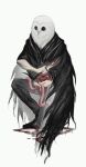  1boy absurdres animal_head bird black_cape black_footwear black_pants black_souls blood blood_on_ground cape guro highres holding holding_knife intestines knife lorde_(black_souls) male_focus on_one_knee owl owl_boy pants shoes sio2_(whynotkarma) solo 