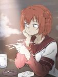  9so_(ponchon) akaza_akari arm_support ashtray bangs blouse blowing_smoke brown_background chin_rest cigarette closed_mouth commentary_request cup double_bun elbow_rest eyebrows_visible_through_hair hand_on_own_chin highres holding holding_cigarette long_sleeves looking_to_the_side nanamori_school_uniform red_hair red_sailor_collar sailor_collar school_uniform serafuku short_hair short_over_long_sleeves short_sleeves smoking solo white_blouse winston_cigarettes yuru_yuri 