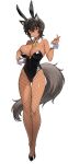  1girl absurdres animal_ear_fluff animal_ears ass_visible_through_thighs bare_shoulders between_breasts black_footwear black_hair black_leotard breasts commentary_request crossed_bangs dark-skinned_female dark_skin detached_collar detached_sleeves fake_animal_ears finger_heart fishnet_pantyhose fishnets full_body hair_between_eyes hand_up highleg highleg_leotard highres large_breasts leotard looking_at_viewer necktie necktie_between_breasts original pantyhose parted_lips playboy_bunny rabbit_ears red_eyes shoes short_hair short_necktie simple_background solo standing strapless strapless_leotard tail takunomi teeth thigh_gap white_background white_wrist_cuffs wolf_ears wolf_girl wolf_tail wrist_cuffs yellow_necktie 