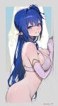  1girl :d absurdres artist_name bare_shoulders blue_eyes blue_hair blush bottomless bra breasts closed_mouth cropped_legs elbow_gloves from_side gloves grin highres large_breasts long_hair looking_at_viewer looking_to_the_side original parted_lips pointy_ears side_ponytail smile solo sooon strap_gap underwear underwear_only very_long_hair white_bra white_gloves 