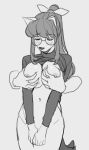 accessory anthro areola blush breast_squish breasts clothed clothing digital_media_(artwork) duo eyewear female glasses hair hair_accessory hair_tie hi_res hutomayuu long_hair monochrome nipples simple_background squish white_background