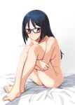  1girl absurdres alice_gear_aegis barefoot black_hair blush breasts completely_nude crossed_ankles feet female_pubic_hair glasses highres hugging_own_legs knees_to_chest long_hair looking_at_viewer momoshina_fumika mutsumura_ryuuichi nude pubic_hair pubic_hair_peek purple_eyes sitting small_breasts smile solo toes 