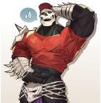 anthro black_body bone clothing embarrassed hi_res laugh male muscular red_clothing red_shirt red_topwear shirt simple_background skull skull_head skullmageddon solo tokuni topwear white_background