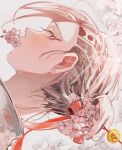 1boy ao_rui cherry_blossoms close-up collared_shirt ear_piercing floral_background flower flower_on_head flower_over_mouth from_behind hair_bun hair_flower hair_ornament hair_ribbon head_tattoo japanese_clothes kokonoi_hajime light_blush looking_at_viewer looking_back male_focus piercing red_ribbon ribbon shirt solo swept_bangs tokyo_revengers white_hair white_shirt 