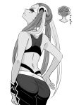  amagaeru_(amapippi052525) ass bare_shoulders from_behind greyscale hair_ornament highres long_hair looking_back monochrome pants plumeri_(pokemon) pokemon pokemon_(game) pokemon_sm quad_tails simple_background skull_hair_ornament solo team_skull translation_request white_background wristband 