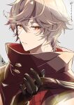  1boy absurdres adjusting_clothes ahoge bag black_gloves brown_hair brown_jacket colored_eyelashes commentary_request expressionless gloves granblue_fantasy grey_background hair_between_eyes high_collar highres jacket kana_(251373) light_frown looking_at_viewer male_focus messy_hair red_eyes sandalphon_(granblue_fantasy) sandalphon_(valentine)_(granblue_fantasy) short_hair shoulder_bag solo upper_body 