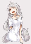  1girl animal_ears ayakura_juu breasts commentary_request dress grey_hair long_hair looking_to_the_side myuri_(spice_and_wolf) one_eye_closed open_mouth red_eyes shinsetsu_spice_and_wolf small_breasts smile solo spice_and_wolf tail white_dress wolf_ears wolf_girl wolf_tail 