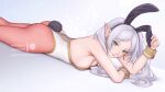  1girl animal_ears ass breasts dangle_earrings dutch_angle earrings fake_animal_ears frieren gold_trim green_eyes grey_hair jewelry leotard long_hair looking_at_viewer lying medium_breasts mystra77 on_stomach pantyhose patreon_username playboy_bunny pointy_ears rabbit_ears rabbit_tail solo sousou_no_frieren strapless strapless_leotard tail twintails web_address white_background white_leotard wrist_cuffs 