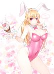  :p abstract_background absurdres animal_ears armpits bangs bare_arms bare_shoulders blonde_hair blush bow bowtie breasts bunny_ears bunny_tail bunnysuit cleavage contrapposto copyright_request covered_navel cowboy_shot cube cupcake detached_collar eyebrows_visible_through_hair fishnet_pantyhose fishnets food food_on_face heart highres ia_(ias1010) large_breasts legs_apart leotard long_hair looking_at_viewer maid_headdress pantyhose pink_bow pink_eyes pink_leotard pink_neckwear shiny shiny_clothes shiny_hair shiny_skin skin_tight solo speech_bubble spoken_heart standing strapless strapless_leotard tail tongue tongue_out triangle tsurime twitter_username very_long_hair white_legwear wrist_cuffs 