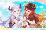  2girls alternate_costume animal_ears anthuria backpack bag bead_bracelet beads bracelet contemporary draph dress erune feeding food gradient_hair granblue_fantasy hair_ornament hairclip horns ice_cream izmir jacket jewelry long_hair looking_at_viewer mole mole_under_mouth multicolored_hair multiple_girls official_art one_eye_closed open_mouth orange_hair pointy_ears red_eyes red_hair shared_food smile spoon strap sunglasses takoyaki upper_body watch white_dress white_hair 