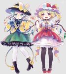  2girls ascot bat_wings black_footwear black_hat black_thighhighs blonde_hair blouse bow buttons crystal diamond_button eyeball flandre_scarlet frilled_shirt_collar frilled_sleeves frills green_hair green_skirt hat hat_bow hat_ribbon heart heart_of_string hiyuu_(hiyualice) komeiji_koishi mob_cap multicolored_wings multiple_girls one_side_up open_mouth pantyhose puffy_short_sleeves puffy_sleeves red_eyes red_skirt red_vest ribbon shirt short_sleeves side_ponytail skirt skirt_set smile thighhighs touhou vest white_background white_hat white_thighhighs wide_sleeves wings yellow_ascot yellow_bow yellow_ribbon yellow_shirt 