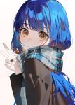  1girl black_jacket blue_hair blue_scarf closed_mouth enpera grey_scarf hand_up highres jacket long_hair looking_at_viewer mizumi_zumi orange_eyes original plaid plaid_scarf scarf smile solo upper_body v white_background 