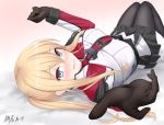  bangs beckoning bed_sheet black_gloves black_legwear blonde_hair blue_eyes blush breasts capelet closed_mouth commentary_request cross eyebrows_visible_through_hair gloves graf_zeppelin_(kantai_collection) hair_between_eyes highres impossible_clothes jacket kamui_aya kantai_collection knees_together_feet_apart knees_up large_breasts long_hair looking_at_viewer lying military military_uniform miniskirt necktie on_back open_mouth outstretched_hand pantyhose pleated_skirt sidelocks signature skirt smile solo tsurime twintails uniform 