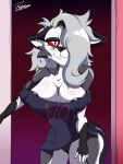  absurd_res anthro areola areola_slip big_breasts big_butt breasts butt canid canid_demon canine cleavage clothed clothing crop_top demon female fur grey_hair hair hair_over_eye hellhound helluva_boss hi_res huge_breasts legwear long_hair loona_(helluva_boss) makeup mammal messy_hair midriff mythological_canine mythological_creature mythology one_eye_obstructed panties red_eyes reymonrr shirt solo thick_thighs thigh_highs topwear underwear white_body white_fur wide_hips 